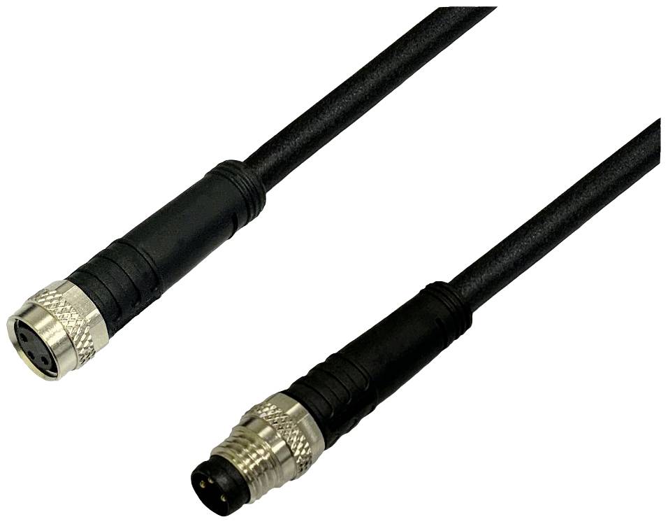 Cavo di collegamento nero con due spine, ciascuna con involucro nero e connettori metallici alle estremità, su sfondo bianco.