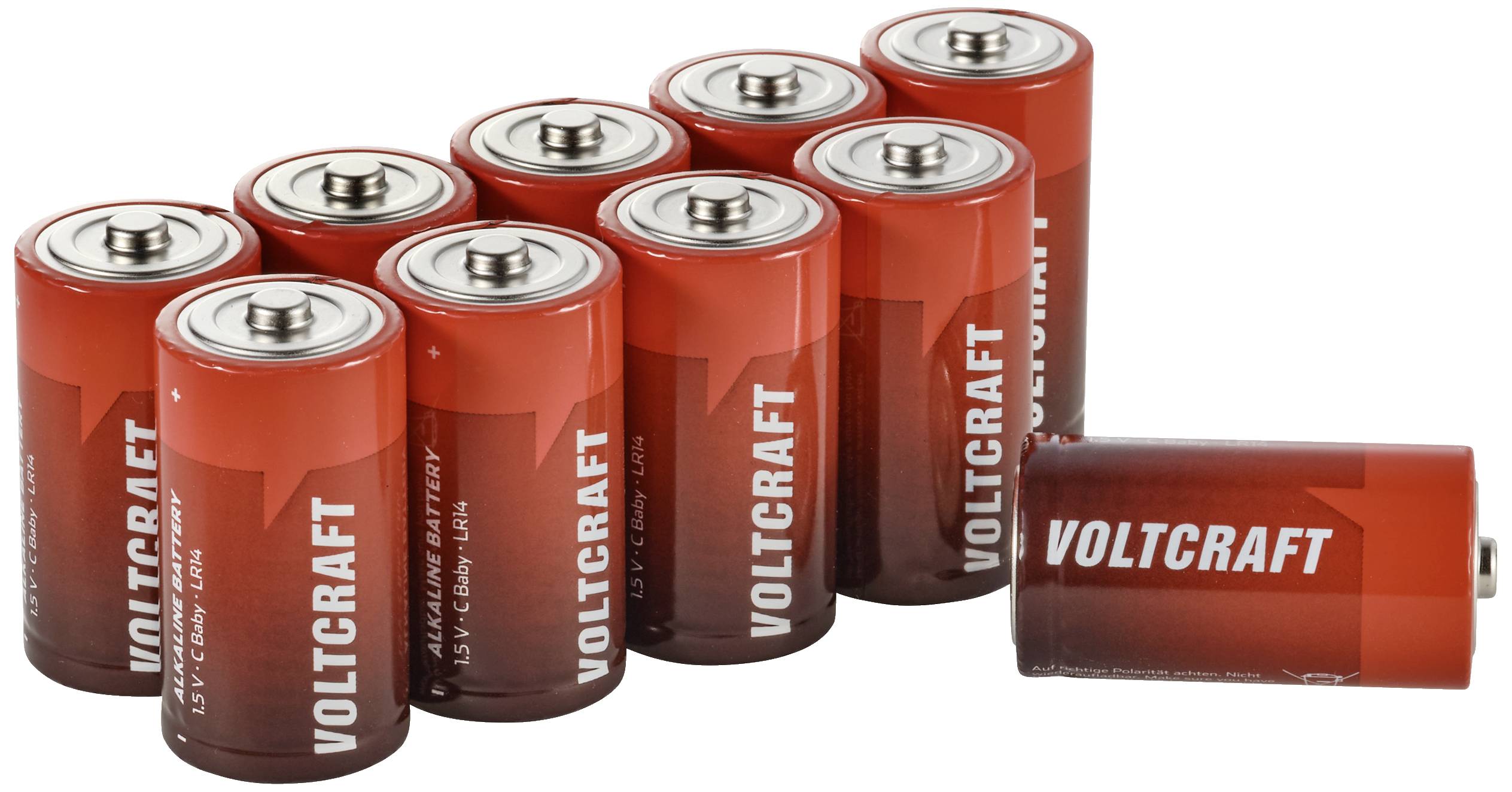Dieci batterie rosse con la scritta 'VOLTCRAFT'. Una batteria è posizionata separatamente a destra, tutte sono cilindriche.
