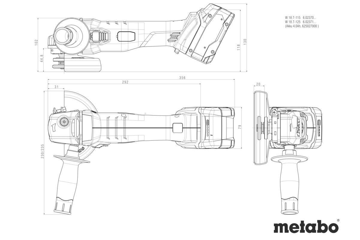 Disegno tecnico di un smerigliatrice angolare cordless con quote e logo in basso a destra. Rappresentata con vista laterale, superiore e frontale.
