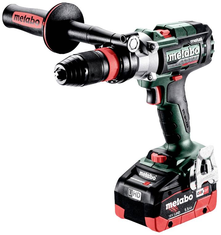 Un martello perforatore senza fili Metabo in verde e rosso con impugnatura e accessorio nero, adatto per lavori edili e fai-da-te.