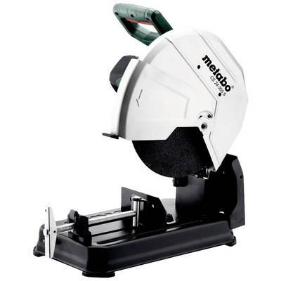 Una sega per metallo con funzione di taglio trasversale, parti in metallo e plastica in nero e argento. Ha un manico di protezione verde e un dispositivo di fissaggio.