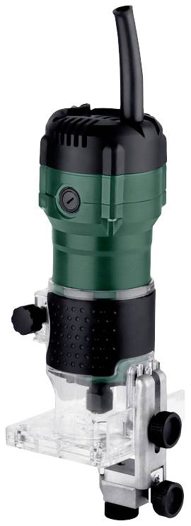 Fresa compatta verde e nera con base trasparente, ideale per fresare con precisione bordi e superfici nei lavori in legno.