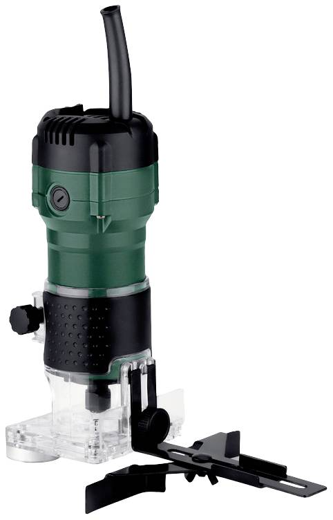 Fresatrice elettrica compatta con involucro verde e impugnatura nera, montata su un piedistallo trasparente, adatta per lavori in legno.