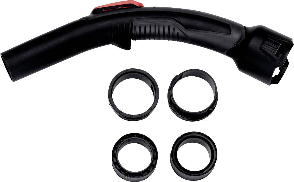 Adattatore per condotto/tubo in plastica nera curva con gancio rosso, mostrato sopra quattro connettori ad anello neri separati su uno sfondo bianco.
