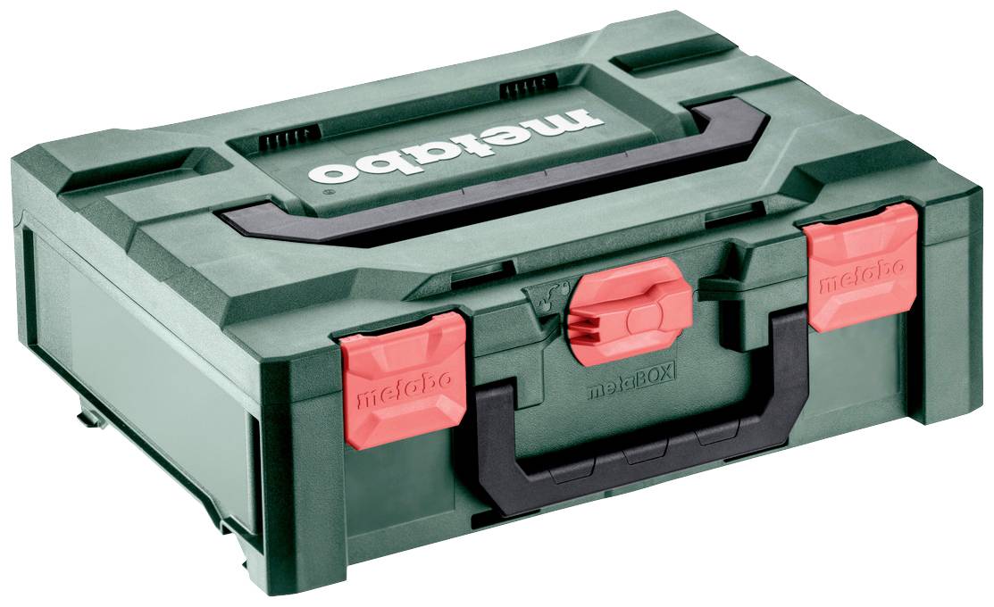 Un valigetta degli attrezzi verde con manico nero e chiusure rosse, con il logo 'metabo' sul coperchio, adatta per conservare utensili.