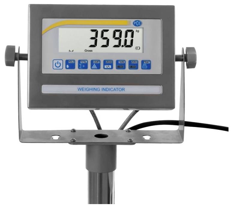 Indicatore di pesatura digitale che visualizza 359,0 kg su un display di bilancia industriale montata.