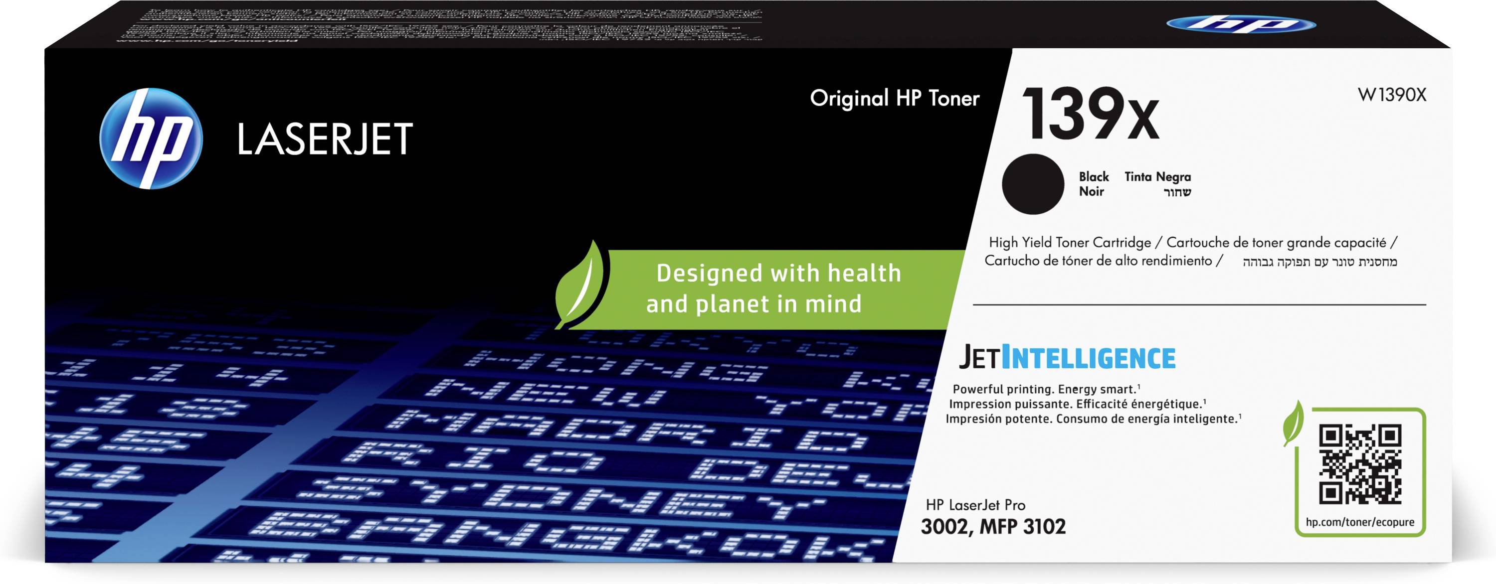 Cartuccia di toner nero originale HP LaserJet 139X, etichettata "Progettato pensando alla salute e al pianeta" e "JetIntelligence" con codice QR.