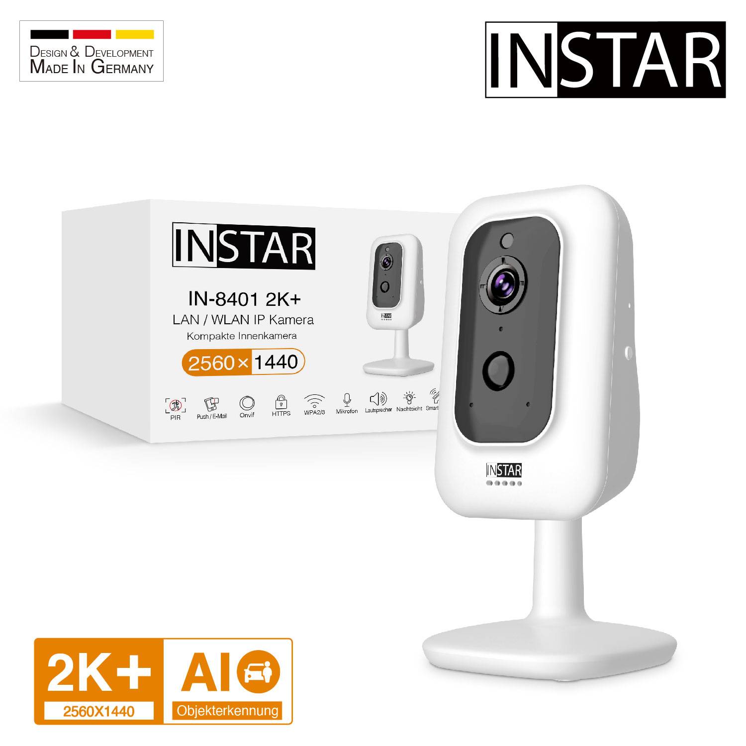 Una telecamera IP INSTAR bianca, modello IN-8401 2K+, è posizionata accanto alla sua confezione. Offre risoluzione 2K+, connettività Wi-Fi e rilevamento AI degli oggetti.
