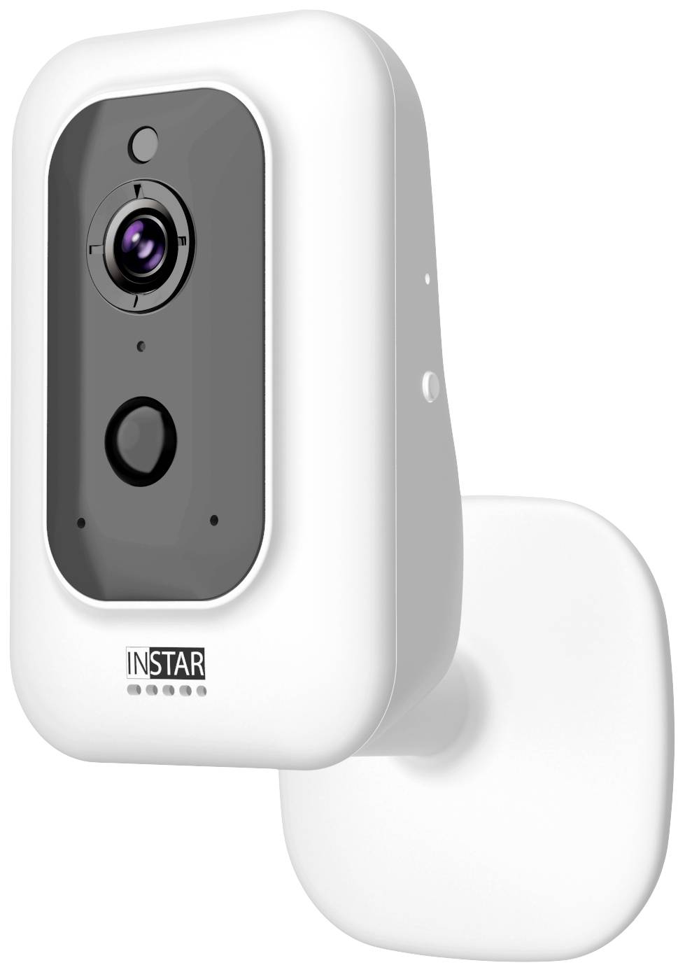 Telecamera di sorveglianza bianca con obiettivo, microfono e rilevatore di movimento, montata su supporto a parete.