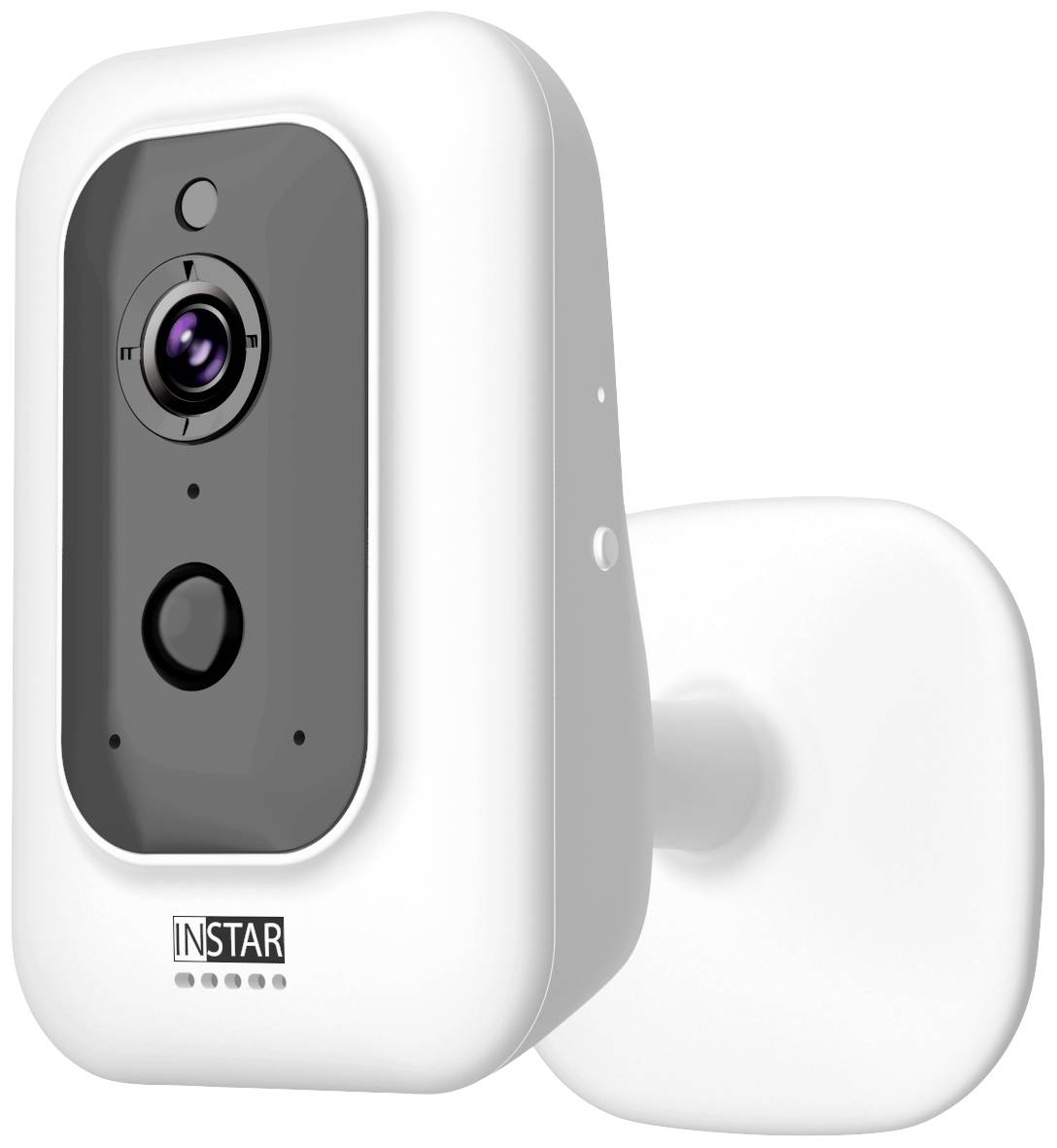 Telecamera di sorveglianza bianca con sensore di lenti e movimento, ripresa di profilo. Opzioni di montaggio a parete visibili. Contrassegnata con 'INSTAR'.