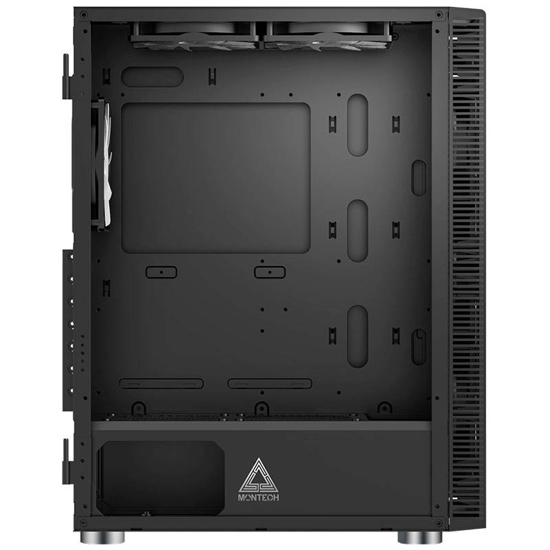 Un contenitore del computer vuoto con gli slot di montaggio visibili per scheda madre, ventole e hard disk.