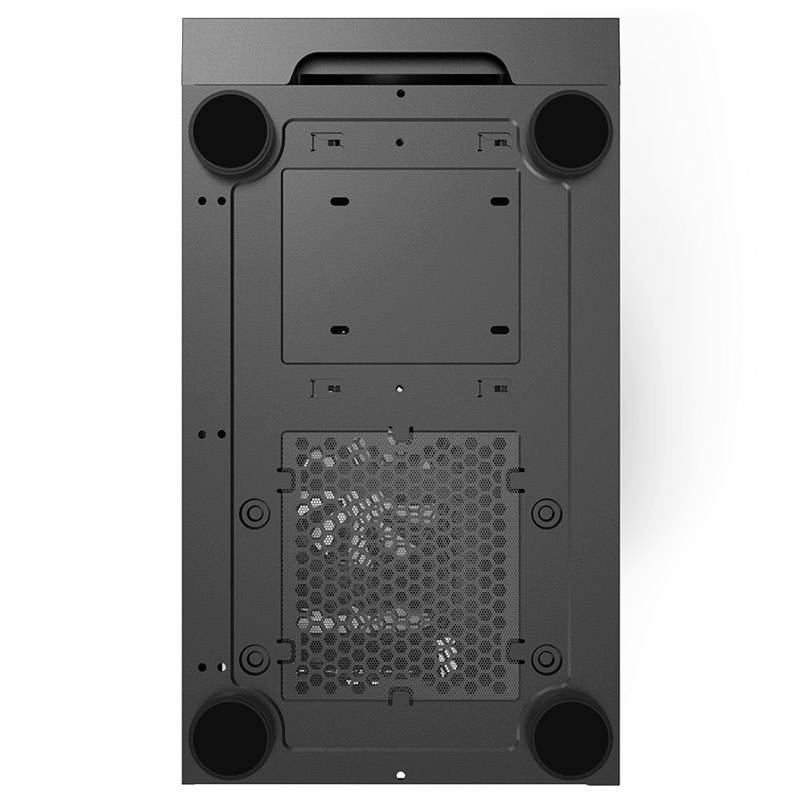 Parte inferiore di un case nero per computer con griglia di ventilazione e quattro piedini rotondi negli angoli.