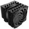 Dissipatore di CPU nero con due grandi ventole e alette di raffreddamento dense, adatto per sistemi informatici ad alte prestazioni.