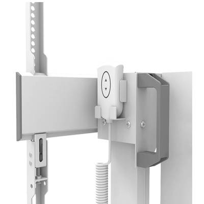 Supporto per monitor elettrico con telecomando, montato su un braccio regolabile in altezza, con frecce che indicano il movimento verso l'alto e verso il basso.