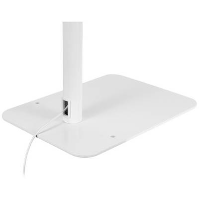 Un piedino per tavolo bianco con un passacavo integrato, attraverso il quale passa un cavo bianco.