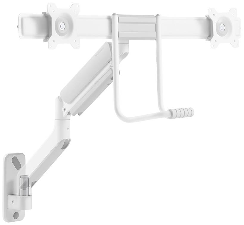 Braccio porta monitor regolabile in bianco, che consente un posizionamento flessibile dello schermo per una migliore ergonomia sul posto di lavoro.