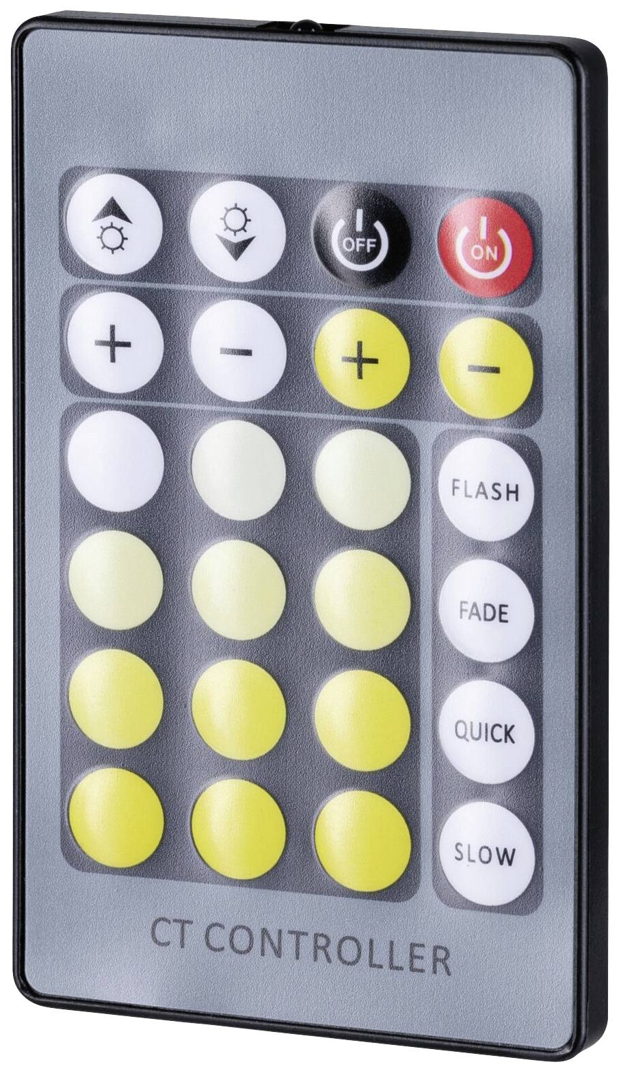 Telecomando con tasti per la luminosità, il cambio colore e le modalità di illuminazione come 'Flash', 'Fade', 'Quick' e 'Slow'.