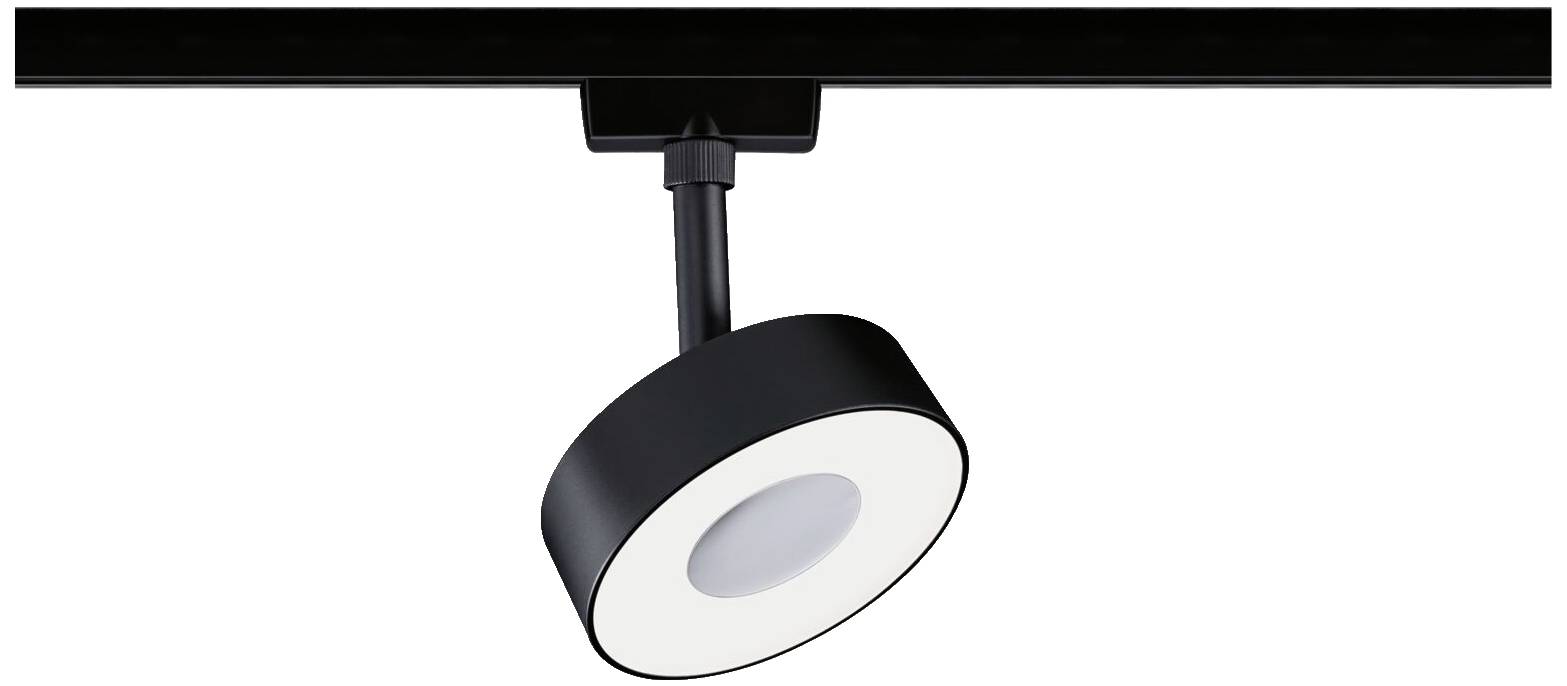 Faretto da soffitto con involucro circolare nero e frontale bianco, montato su binario, adatto per illuminazione mirata.