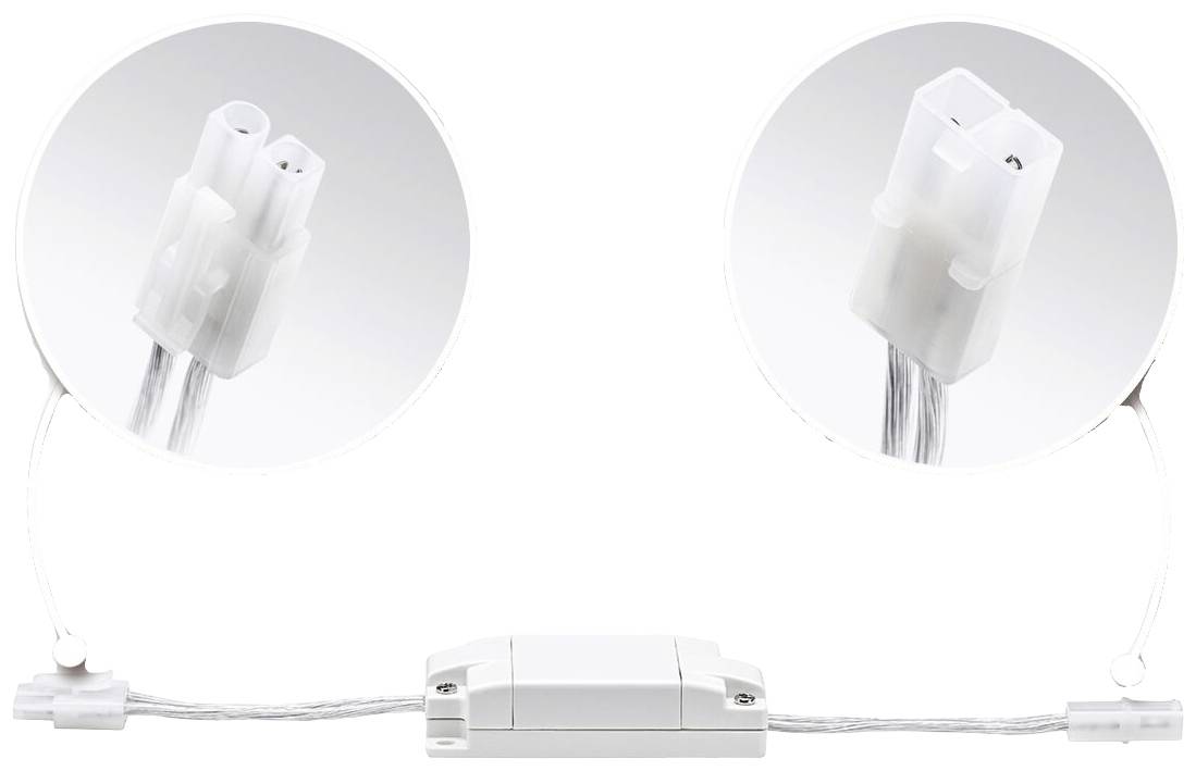 Primo piano di un connettore elettrico bianco con cavi trasparenti e due spine rotonde nelle ingrandimenti.
