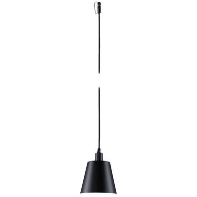 Lampada a sospensione nera con cavo lungo e paralume conico; dal design minimale e moderno.