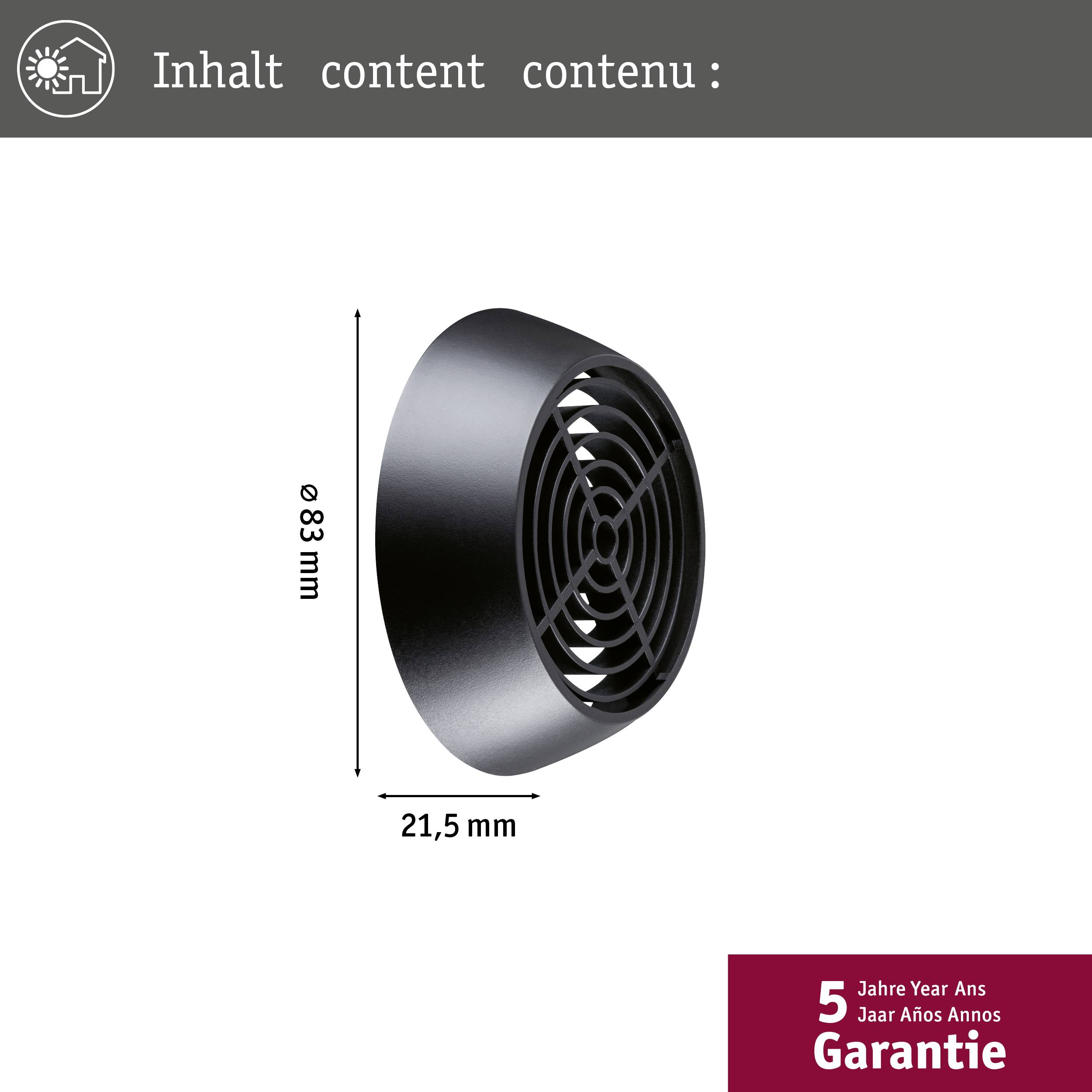 L'immagine mostra un ventilatore nero con dimensioni di 83 mm di diametro e 21,5 mm di profondità. Garanzia: 5 anni.