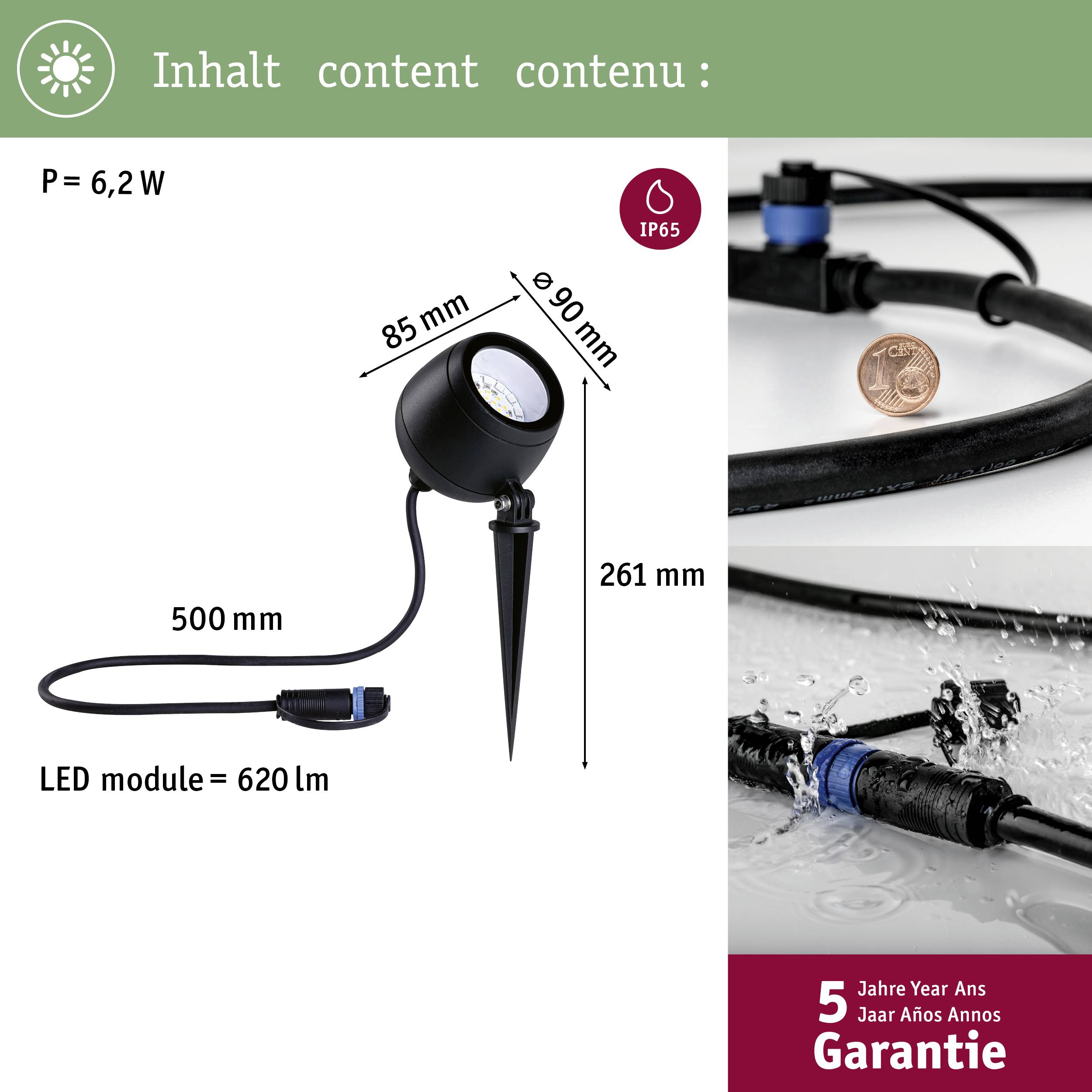 'Proiettore a LED da esterno con 6,2 W e 620 lm, impermeabile IP65. Altezza 500 mm, con picchetto di terra. Garanzia di 5 anni.'