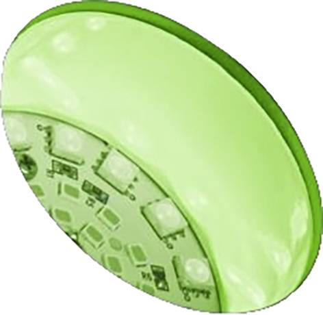Corpo luminoso a LED verde, semicircolare, con componenti elettronici visibili, probabilmente parte di un sistema di illuminazione.