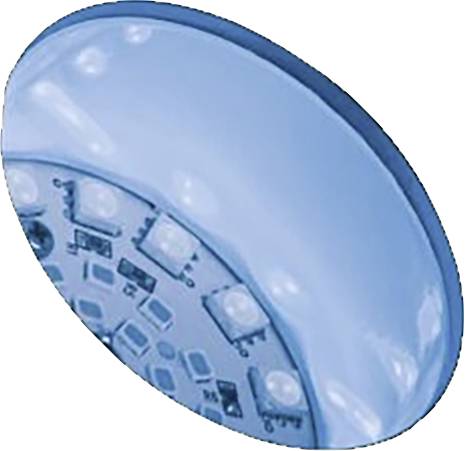 Un chip LED blu luminoso, che mostra la disposizione delle LED e dei componenti elettronici.