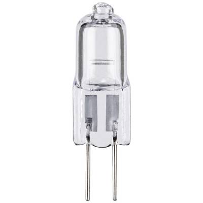 Una lampada alogena chiara con due contatti metallici alla base, tipicamente utilizzata per un'illuminazione precisa e brillante in piccoli apparecchi luminosi.
