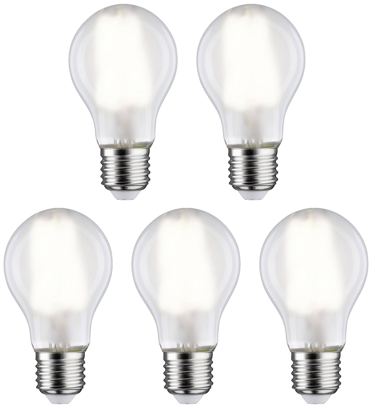 Cinque lampadine identiche disposte in modo simmetrico. Ogni lampadina presenta un attacco a vite standard ed emana una luce intensa.