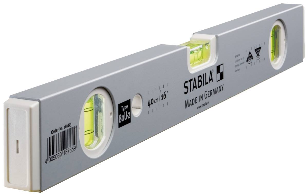 Livella con custodia grigia, due bolle per l'allineamento verticale e orizzontale, con scritta 'Stabila Made in Germany'.