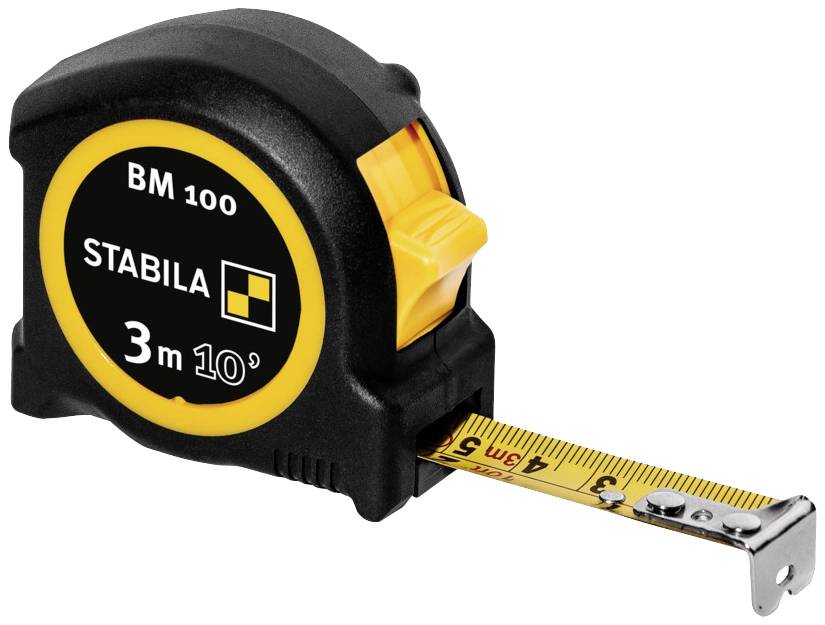 Un metro a nastro nero con indicazione gialla del marchio 'Stabila', estendibile fino a 3 metri.