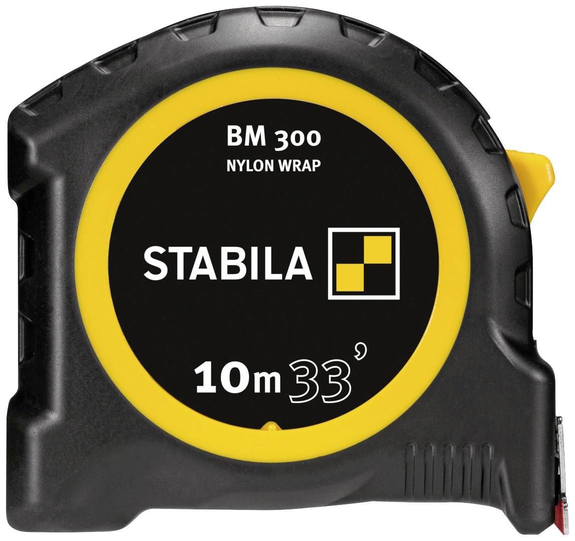Nastro metrico nero e giallo della marca Stabila, modello BM 300, con una lunghezza di 10 metri.