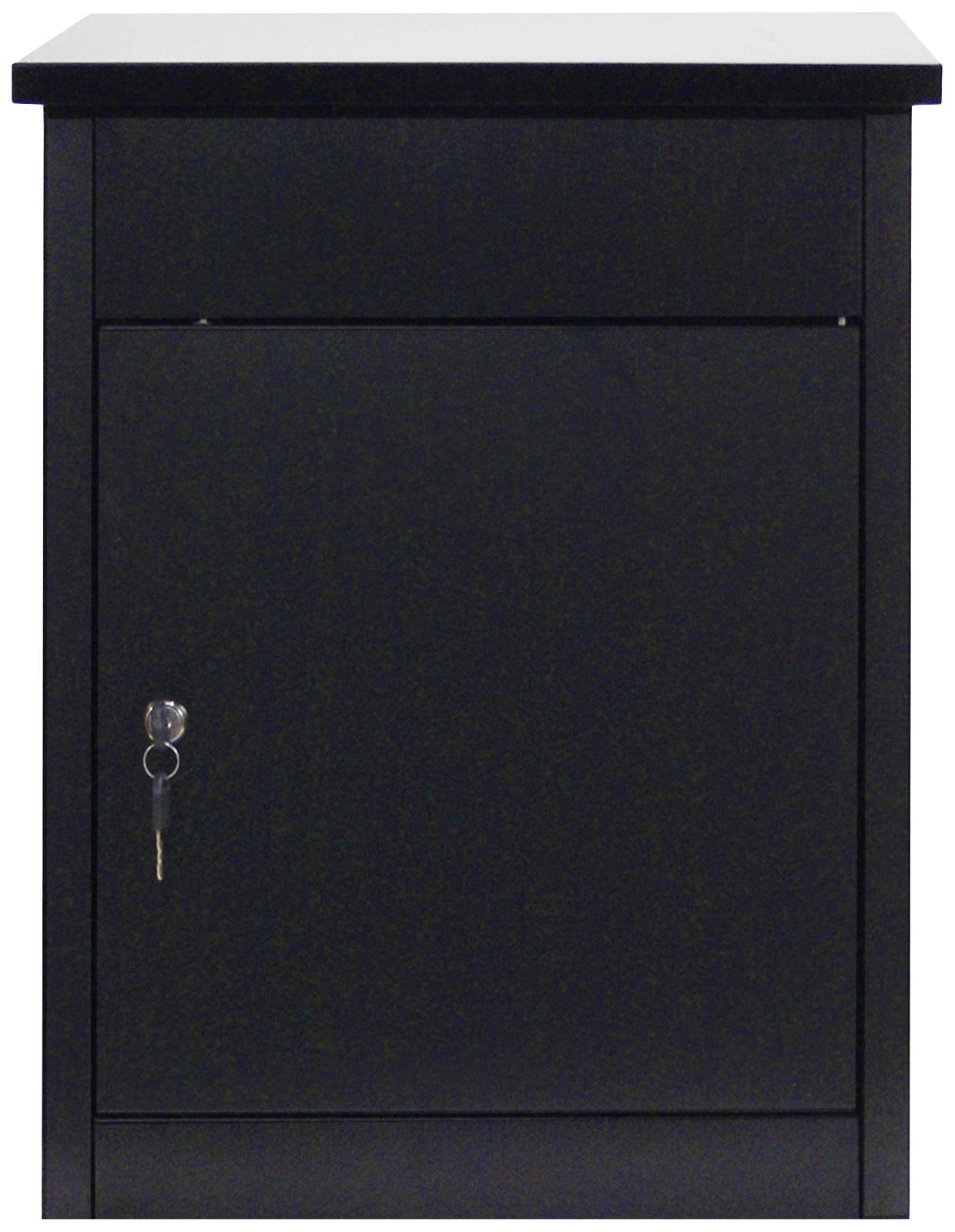Un armadio metallico nero, rettangolare, con una porta chiusa e una piccola chiave inserita nella serratura.