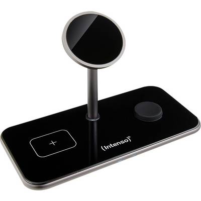 Una stazione di ricarica wireless elegante e nera con supporto verticale per la ricarica di più dispositivi, tra cui un telefono e uno smartwatch.