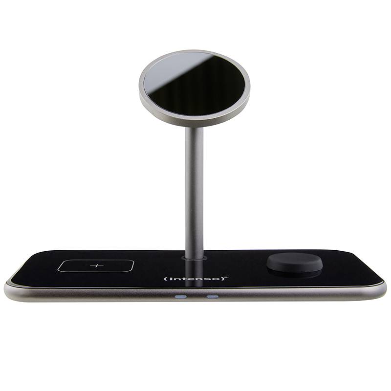 Un caricabatterie wireless con stazione di ricarica e dock per più dispositivi, adatto a smartphone, smartwatch e cuffie.