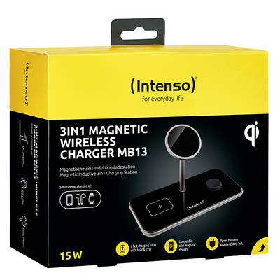 Confezione di un 'Intenso 3in1 Magnetic Wireless Charger MB13' con immagine della stazione di ricarica. Supporta Qi 15W, USB-C e MagSafe.