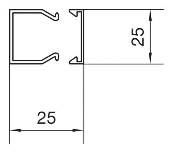Disegno tecnico di un profilo con due sezioni. Entrambe le sezioni sono quadrate con dimensioni di 25 mm x 25 mm.