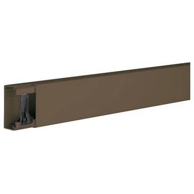 Listello metallico marrone, probabilmente parte di un recinto o di una guida, con un meccanismo nero interno su un lato.