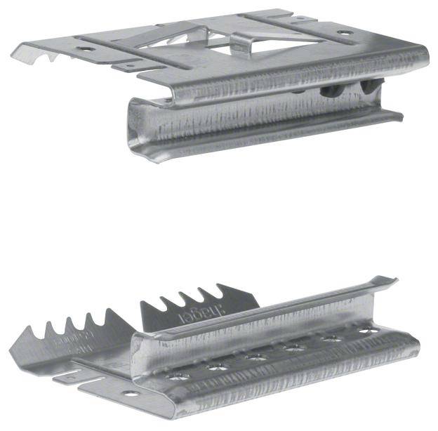 Due clip metalliche in posizioni diverse, utilizzate per il fissaggio di pannelli o materiali.