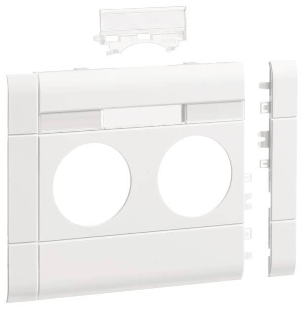 L'immagine mostra un involucro in plastica bianco a due parti, con due aperture circolari e parti laterali removibili.