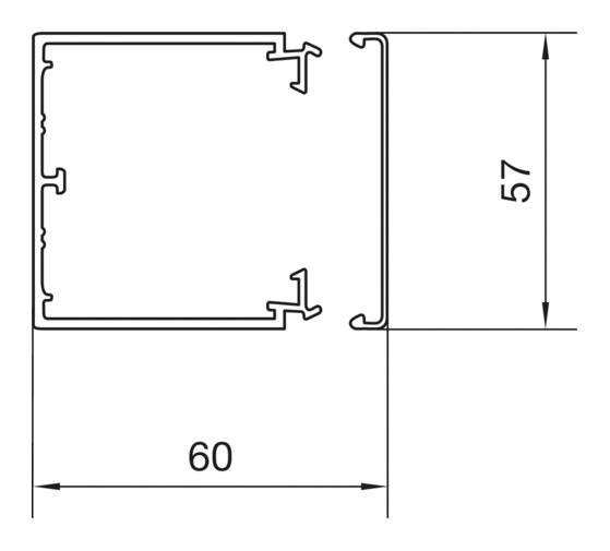 Disegno tecnico di una sezione profilata con due componenti, orizzontale 60 mm, verticale 57 mm. Elemento principale del piano di progettazione.