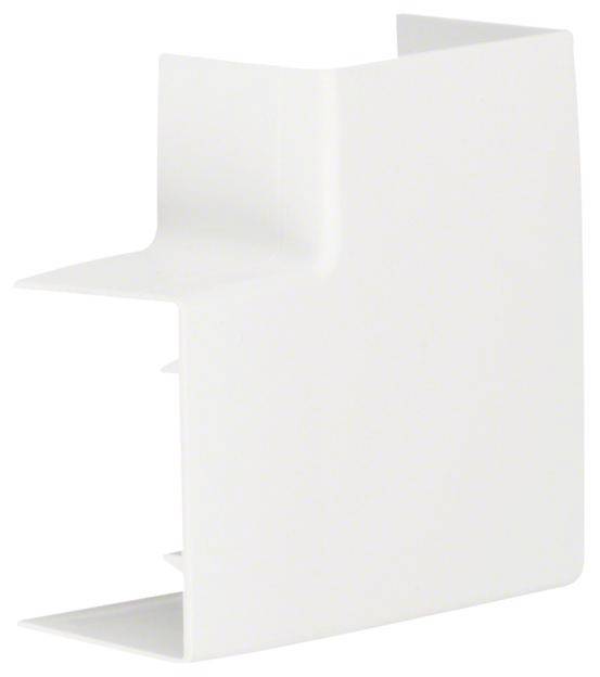 Un elemento in plastica bianco a forma di L, probabilmente un canale per cavi o un componente di connessione, idoneo per il montaggio e la copertura.