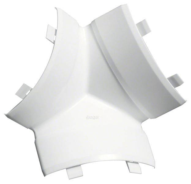 Un connettore angolare bianco in plastica con quattro fori di fissaggio, utilizzato per collegare tre canali in una configurazione ad angolo retto.