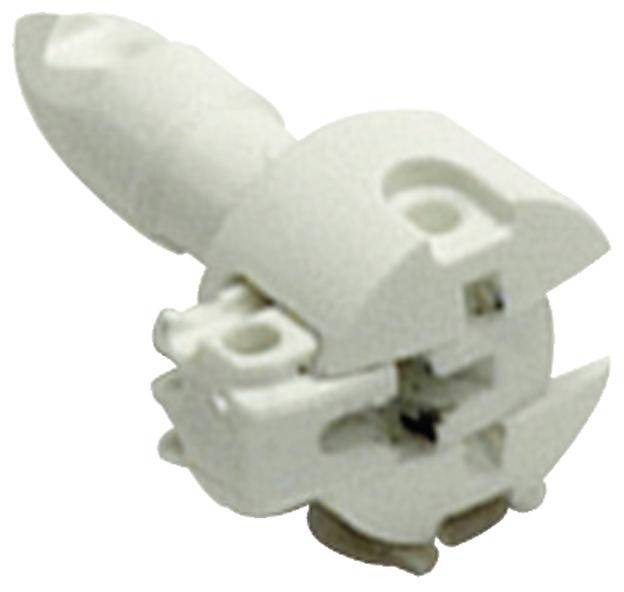 Un pezzo cilindrico bianco in plastica con diversi fori e una struttura a croce al centro, probabilmente un elemento di connessione.