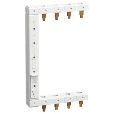 Una barra di connessione elettrica bianca a forma di L con contatti in rame e diversi punti di collegamento, tipicamente utilizzata per quadri elettrici.