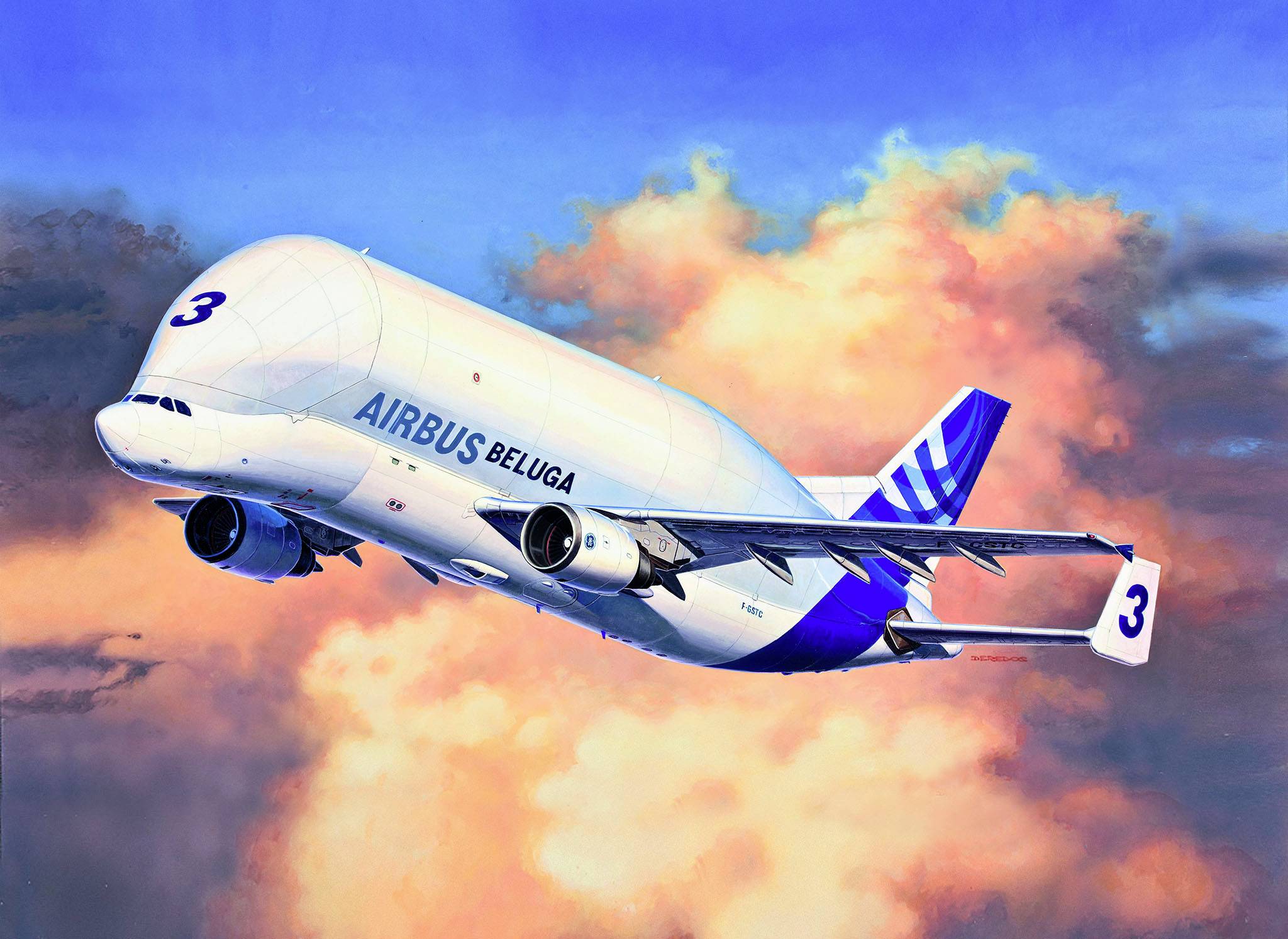 Un aereo Airbus Beluga vola nel cielo con nuvole arancioni sullo sfondo.