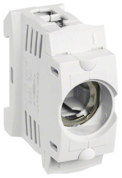 Portafusibile bianco con coperchio rimovibile e apertura rotonda, idoneo per l'alloggiamento di un fusibile elettrico.