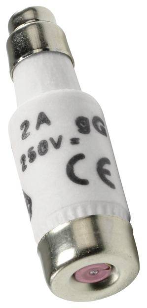 'Fusibile in vetro con scritta 2A 250V. Guaina ceramica bianca con cappucci metallici alle estremità. Simbolo CE visibile.'