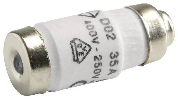 Fusibile elettrico di tipo D02, 35 Ampere, per tensioni da 100 a 250 Volt, forma cilindrica con estremità metalliche.